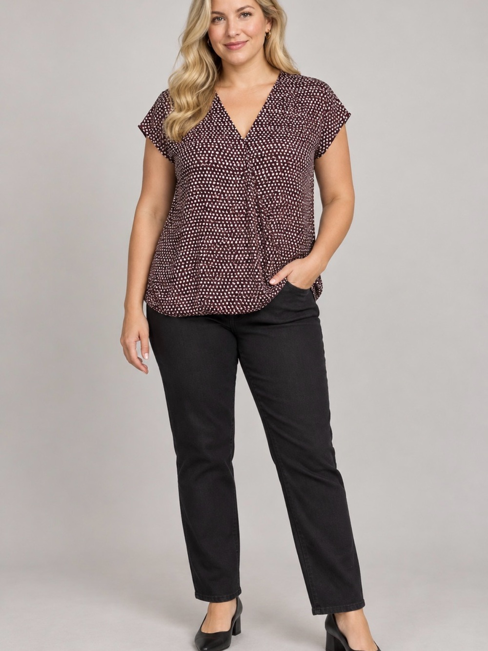 Eloquii Red and White Dot V-Neck Short Sleeve Blouse